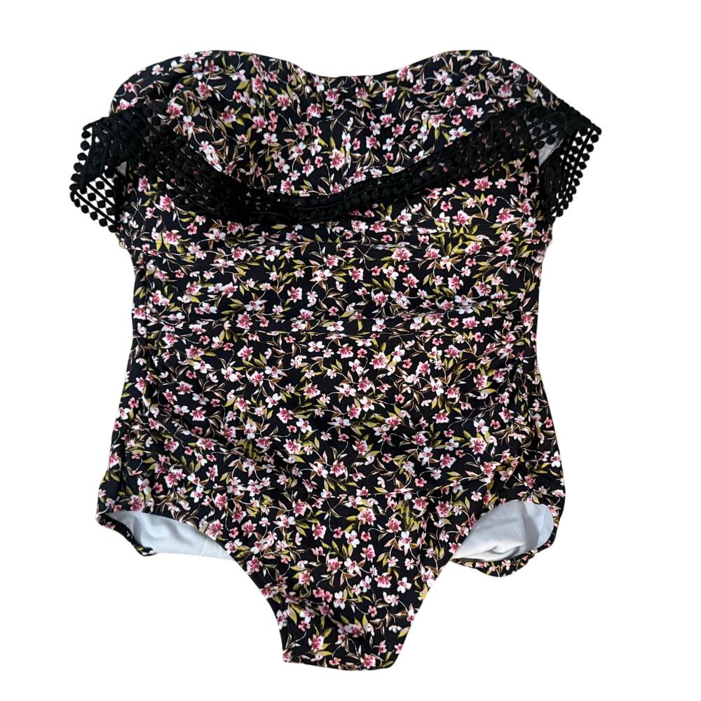 Kona Sol Floral Strapless One Piece Swimsuit Black Crochet Trim Size M